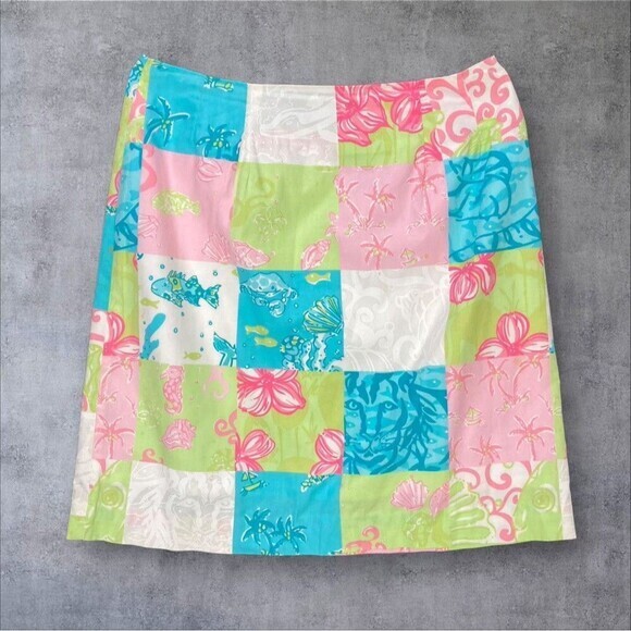 Lilly Pulitzer Patchwork Mini Skirt Women 2 Pink Blue Floral Boho Coastal Beach - Picture 2 of 7